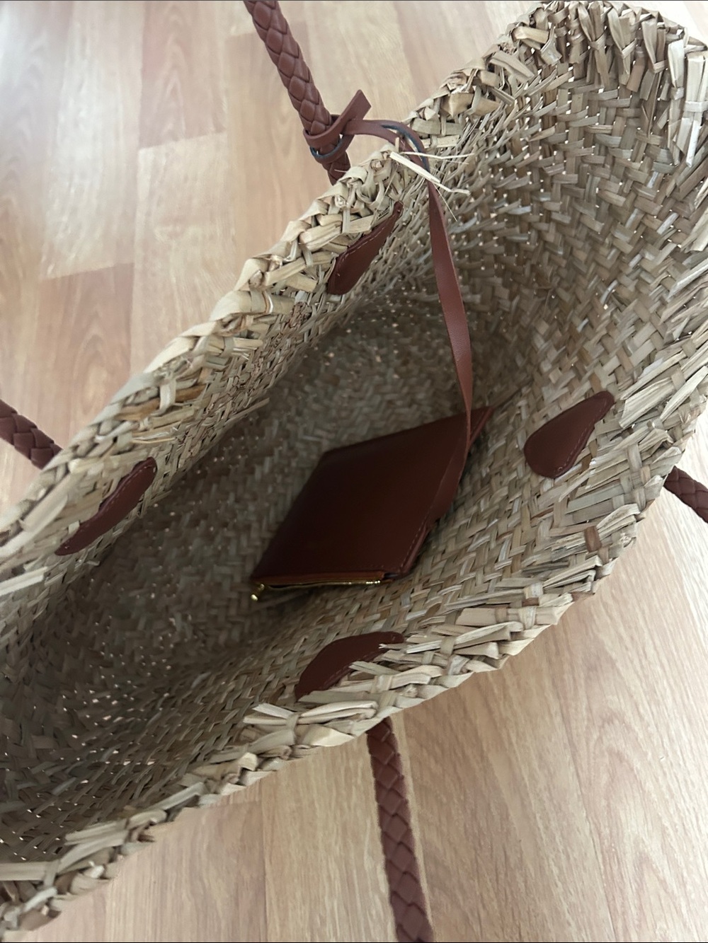“Miu Miu” Straw Tote with Brown Faux Leather Handles - Picture 4 of 4